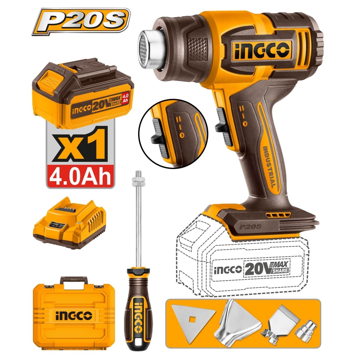 Pistola de Calor Inalámbrica INGCO 20V 300/550°C + Batería 4Ah, Cargador y Accesorios UHGLI20065 - MARKEMSTORE - Pistolas y Sopladores
