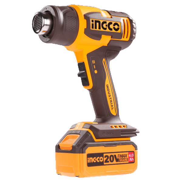 Pistola de Calor Inalámbrica INGCO 20V 300/550°C + Batería 4Ah, Cargador y Accesorios UHGLI20065 - MARKEMSTORE - Pistolas y Sopladores