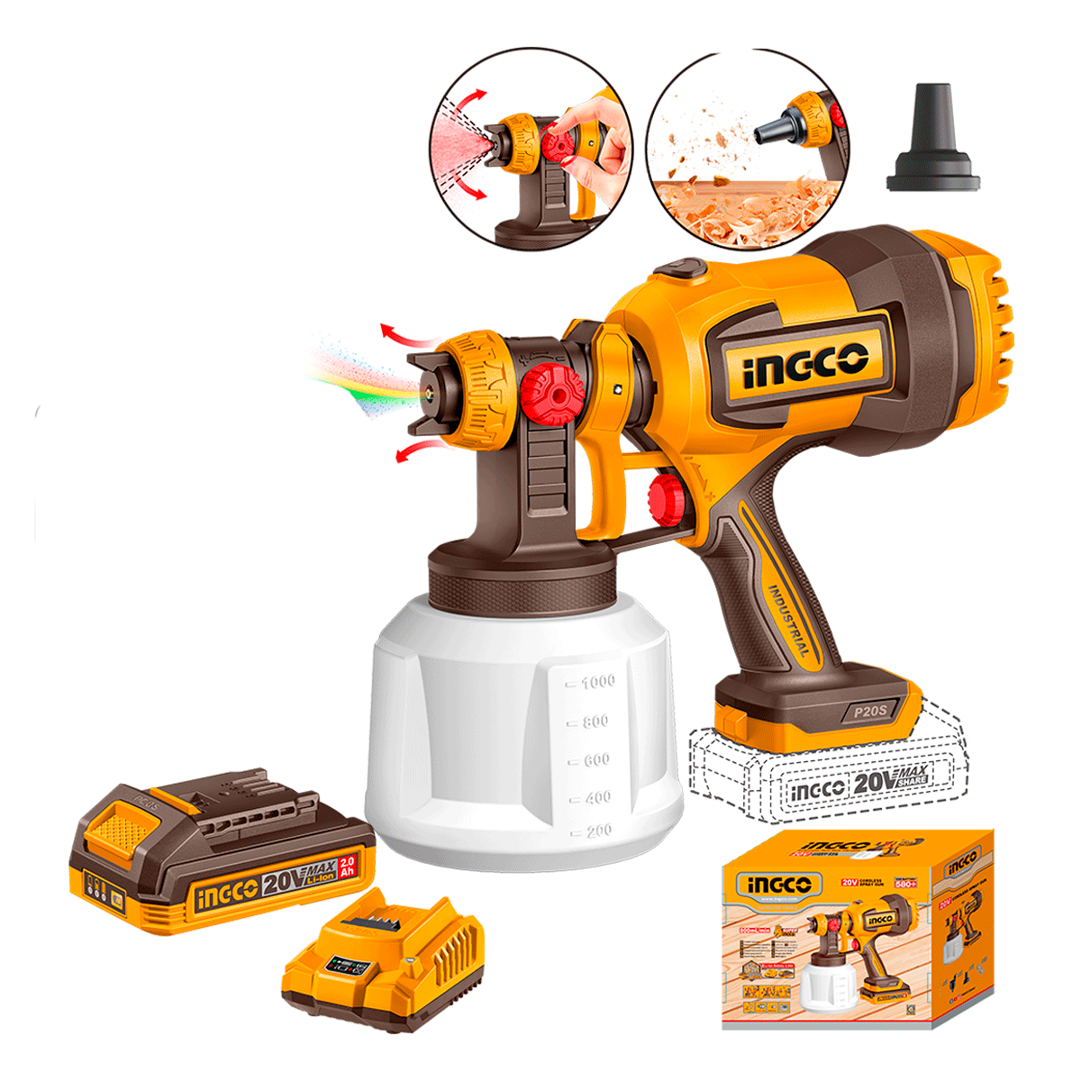 Pistola para Pintar Inalámbrica 20V INGCO 800ml/min UCSGLI20042 - Batería y Cargador Incluidos - MARKEMSTORE - Pistolas y Sopladores