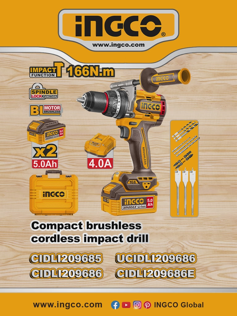 INGCO TALADRO DE IMPACTO M1/2 20V 96NM 2000RPM BRUSHLESS SIN BATERIA CIDLI209685 - MARKEMSTORE - Taladro inalámbrico 