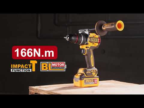 Video en alta definición del taladro industrial INGCO UCIDLI201668 destacando su torque de 166Nm y motor Brushless. Se observa el mandril metálico Jacobs sujetando brocas industriales, el selector de 23+1+1 niveles de torque y una demostración de perforación ultra rápida en concreto armado a 31,500 BPM. El clip final muestra el kit con 2 baterías de 5.0Ah de larga duración -MARKEM STORE