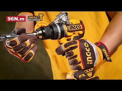 Video demostrativo del taladro de impacto INGCO UCIDLI209686. La secuencia muestra un motor Brushless en funcionamiento, el selector girando entre los modos de atornillado, taladrado y percusión, y una demostración de potencia perforando concreto con 96Nm de torque. Se aprecia el maletín profesional abierto con sus 2 baterías de 4.0Ah y el juego de brocas incluido. - MARKEM STORE