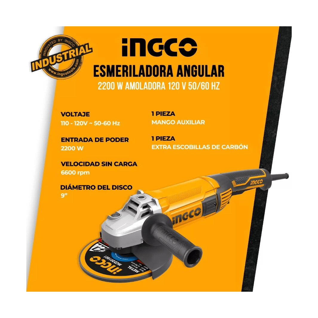 Pulidora Amoladora Angular 9" 2200w Ingco UAG220018 - MARKEMSTORE - Pulidoras