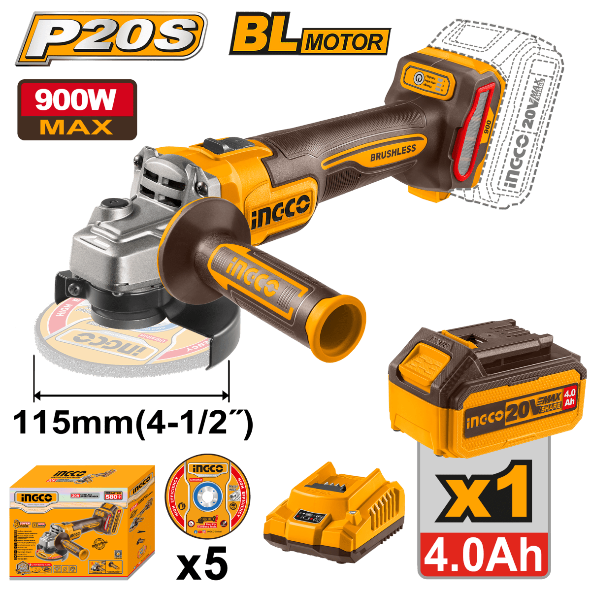 Pulidora Inalámbrica 20V con 5 Discos 1 Bateria 4H y 1 cargador INGCO UCAGLI261521 - MARKEMSTORE - 