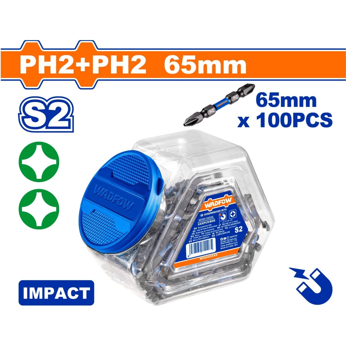 Puntas Destornillador Impacto Ph2 65Mm 100Pcs Wadfow WSV5KPH265 - MARKEMSTORE -