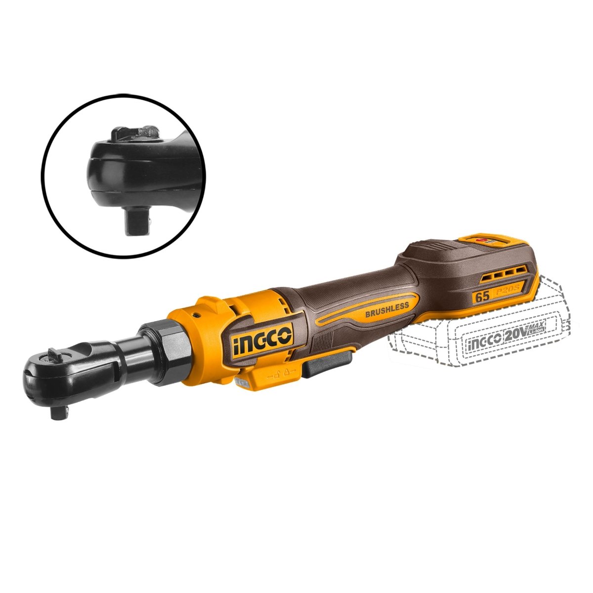 Ratchet Inalámbrico INGCO 20V 65Nm Trinquete 3/8 CDRLI206521 - MARKEMSTORE - 