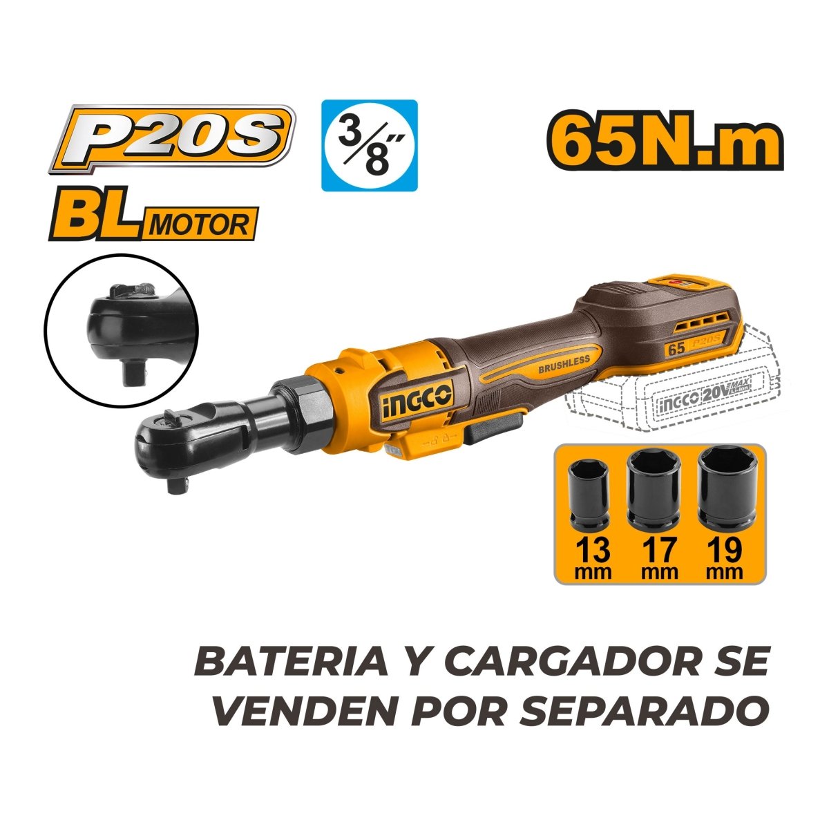 Ratchet Inalámbrico INGCO 20V 65Nm Trinquete 3/8 CDRLI206521 - MARKEMSTORE - 