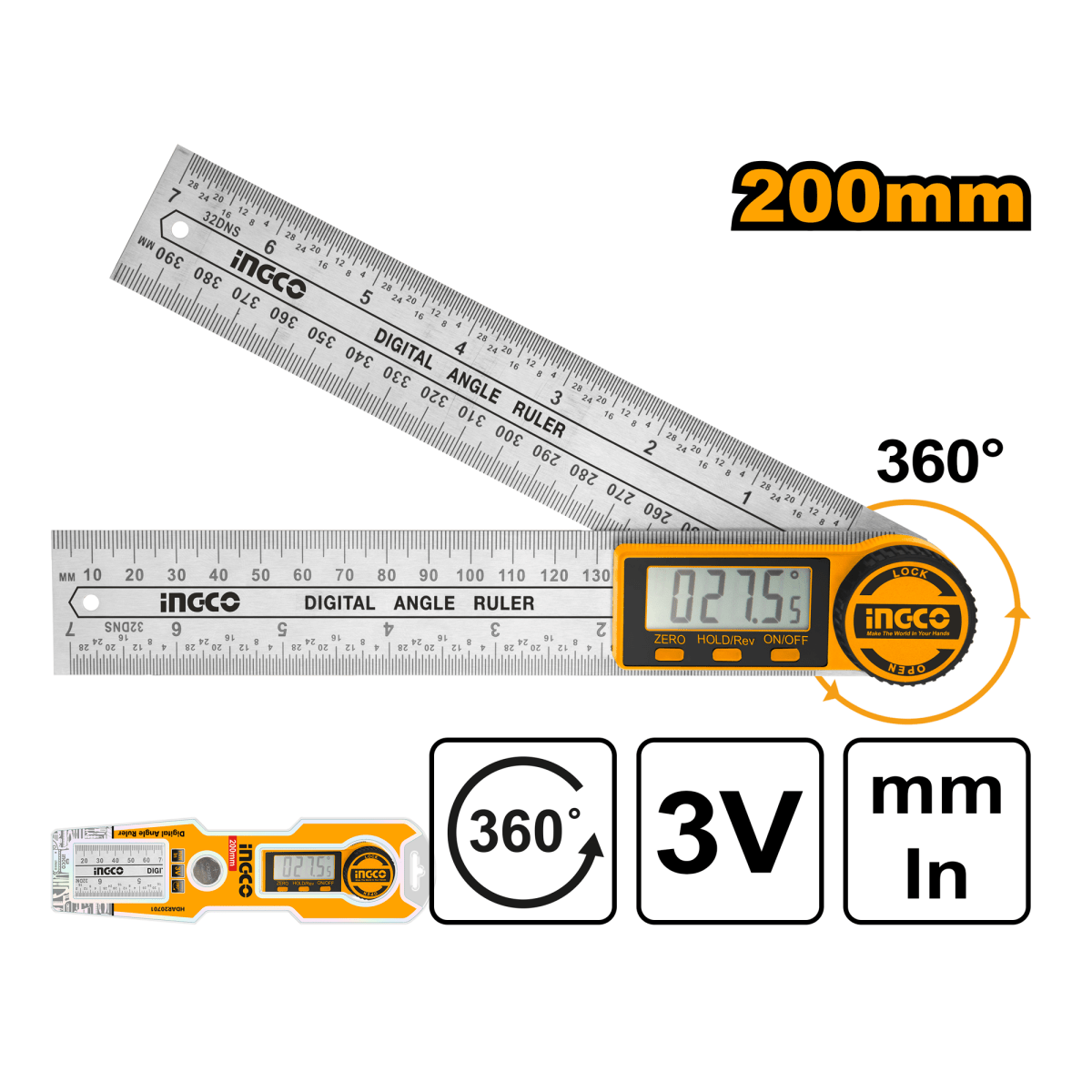 Regla Angular Digital Rango 0 - 360 Grado - 0 - 200Mm INGCO HDAR20701 - MARKEMSTORE - HERRAMIENTA PARA MEDICION