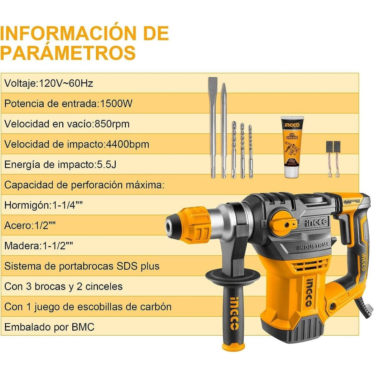 Rotomartillo 1500w 850rpm 4400bpm Ingco URH1500281 - MARKEMSTORE - Rotomartillo