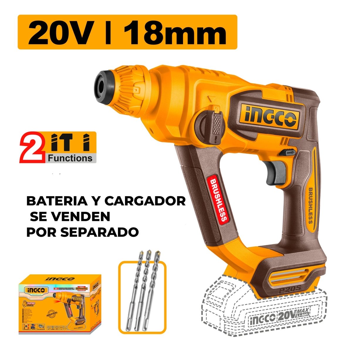 Rotomartillo Inalámbrico INGCO 20V 18mm 1.8J 5100BPM - Motor Brushless CRHLI20188 - MARKEMSTORE - Rotomartillos