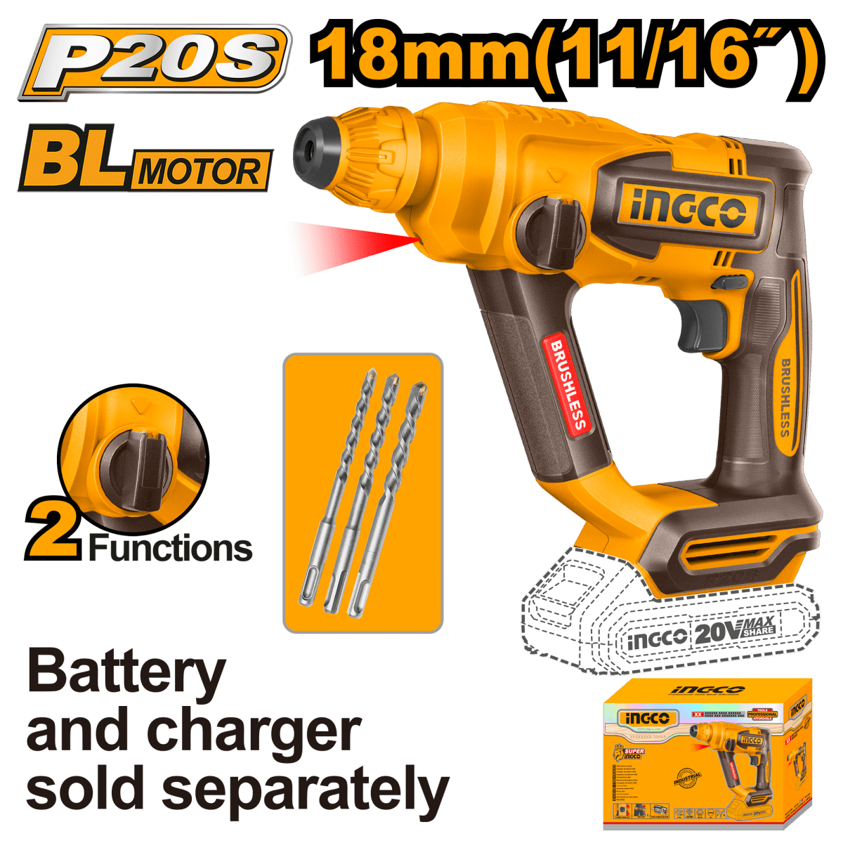 Rotomartillo Inalámbrico INGCO 20V 18mm 1.8J 5100BPM - Motor Brushless CRHLI20188 - MARKEMSTORE - Rotomartillo