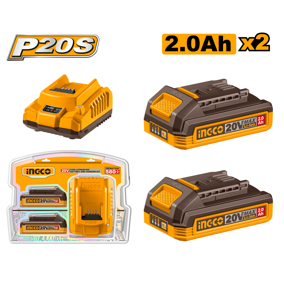 Set: 2 Baterias Ion Litio 20V 2.0Ah Incluye Cargador Ingco Ufbcpk2212 - MARKEMSTORE - Baterías
