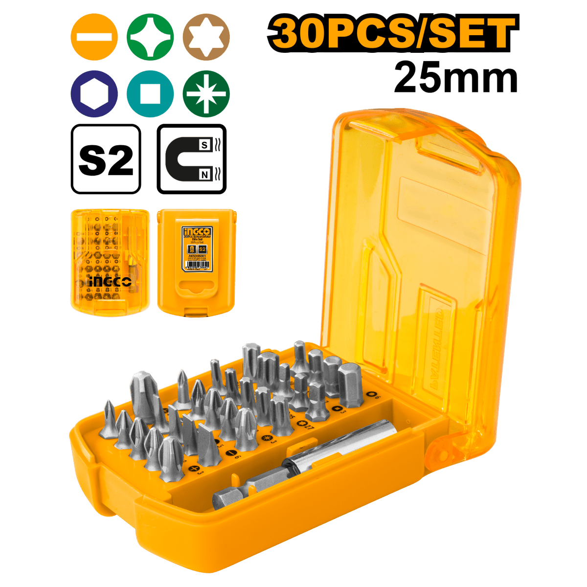 Set 30 Puntas Para Destornillador Pz Ph Sl T H Y S Ingco AKSD08301 - MARKEMSTORE - Destornillador
