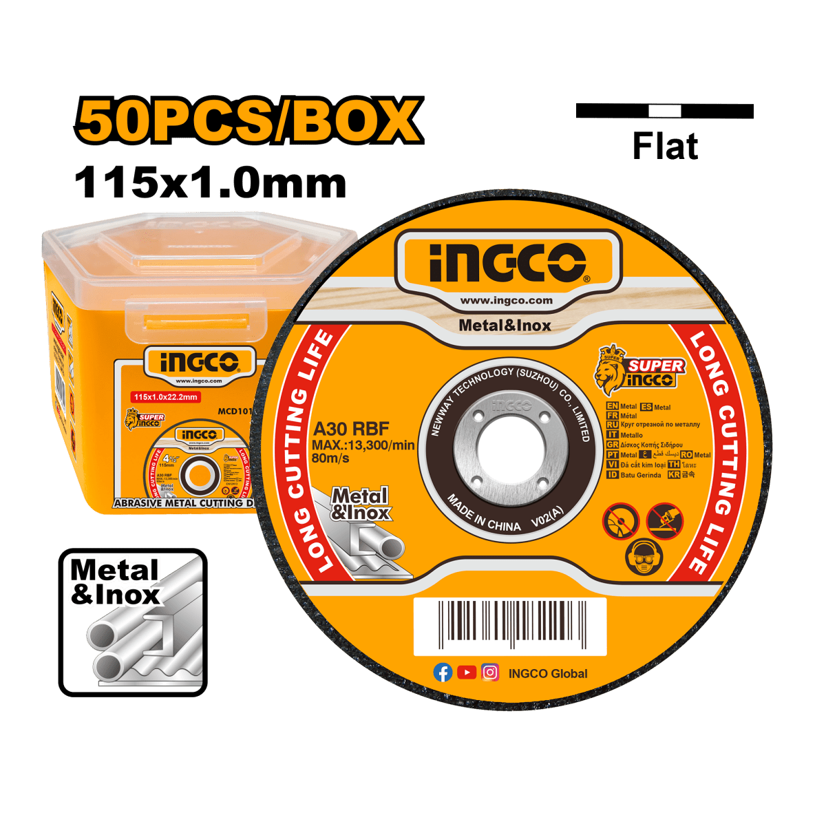 Set 50 Discos de Corte Metal 4 - 1/2" x 1mm INGCO Inoxidable 13300 RPM MCD1011550 - MARKEMSTORE - Discos