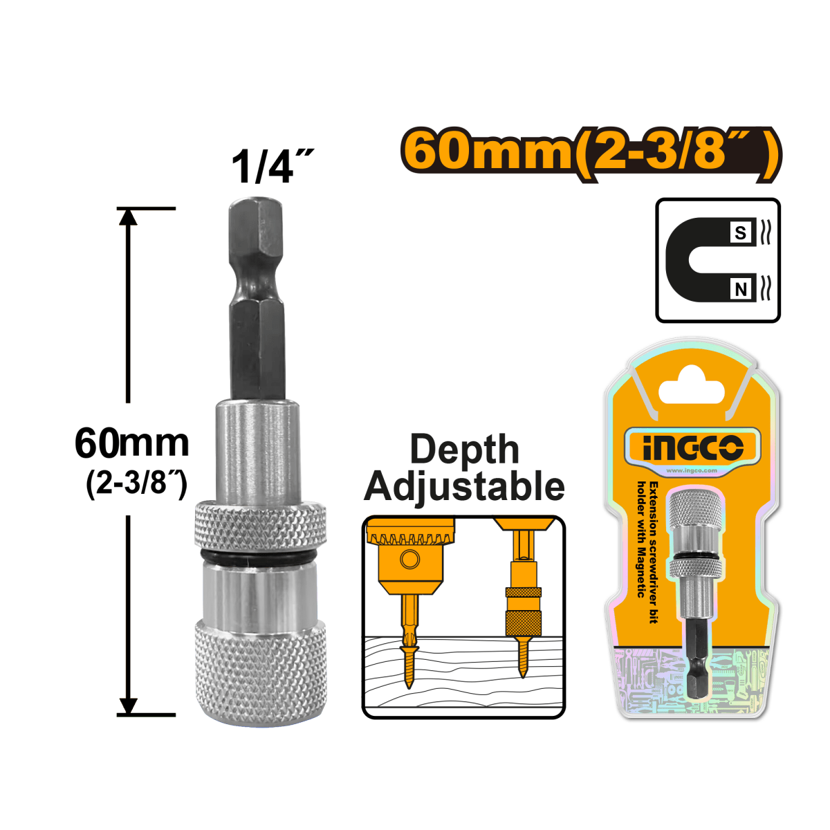 Set Adaptador Magnetico 60mm 1/4" Hex P/Atornillador Ingco Abh50608 - MARKEMSTORE - Accesorios para Taladro