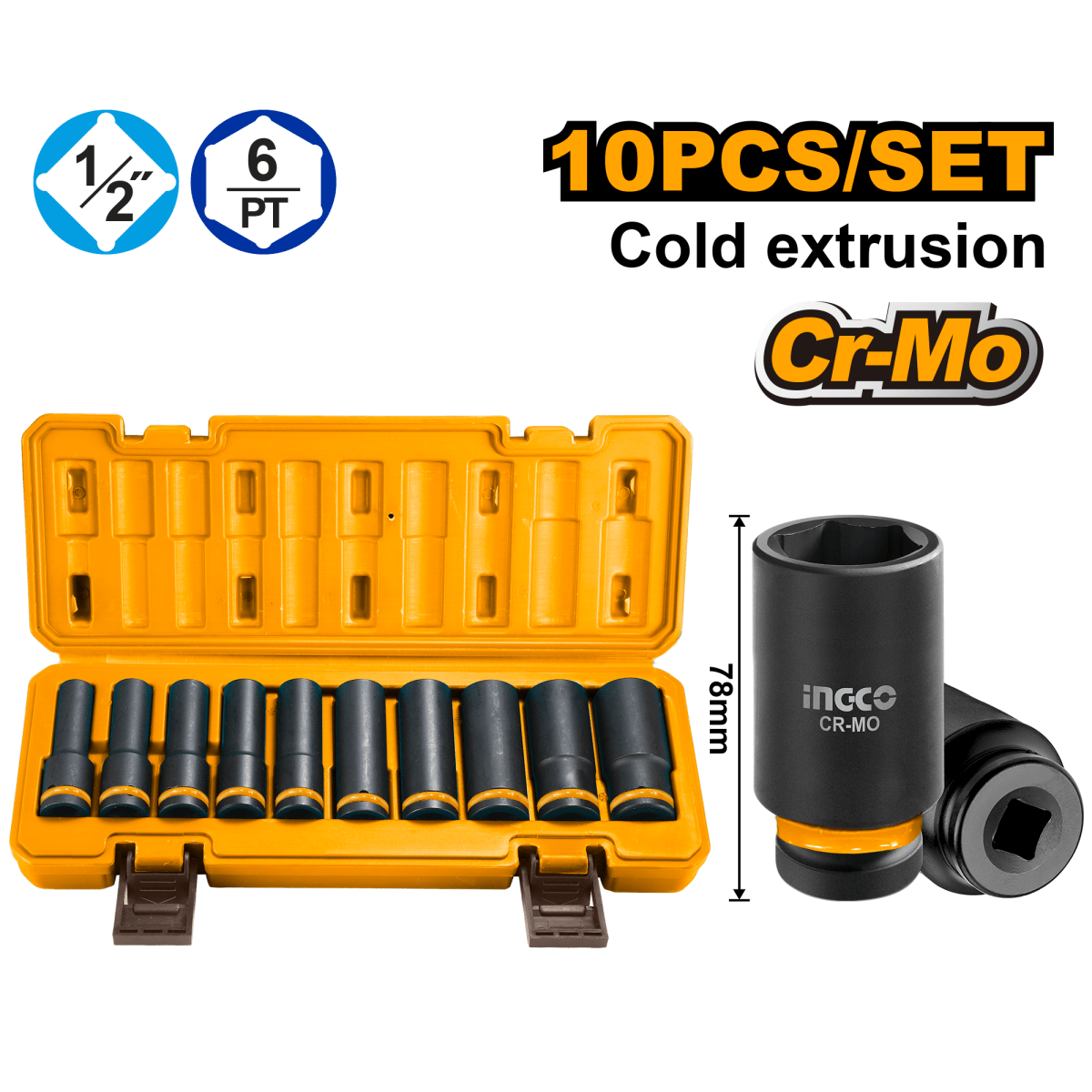 Set Dado Impacto 10Pcs M1/2 INGCO HKISSD12102L - MARKEMSTORE - 