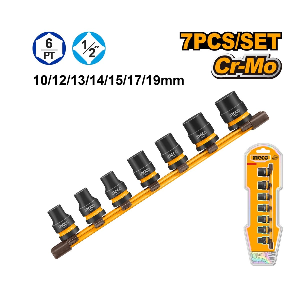 Set Dados Impacto 7Pcs M1/2 Ingco HKISSD12071 - MARKEMSTORE - Dados y accesorios