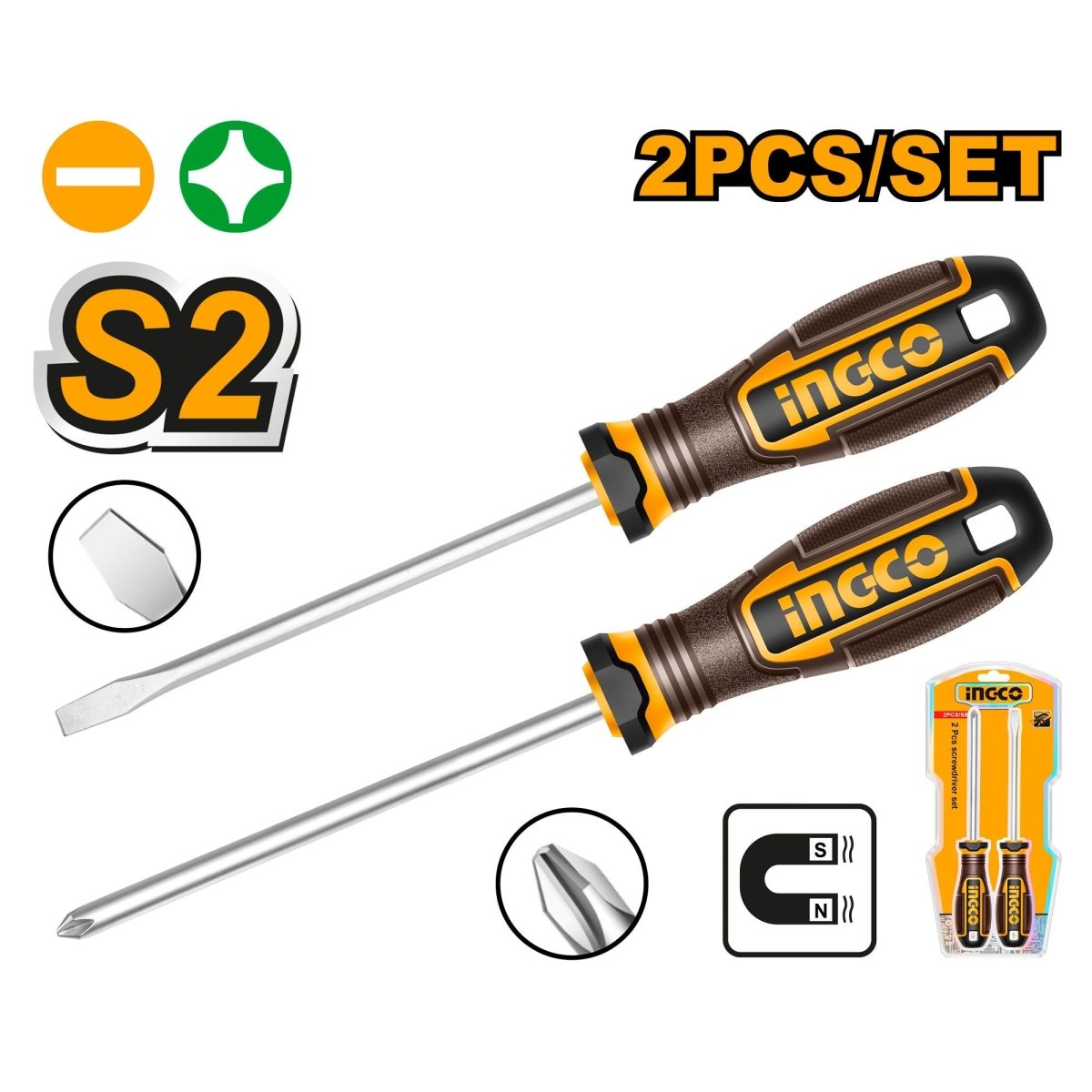 Set Destornilladores INGCO 2 Piezas Magnéticos S2 PH2 SL6.5 Mango Ergonómico HKSDS0228 - MARKEMSTORE - Destornillador