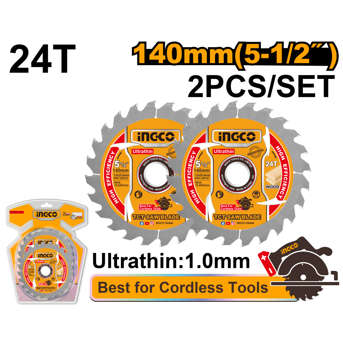 Set Disco Sierra Madera 5 - 1/2 24D 2 Pcs INGCO TSB1403 - MARKEMSTORE - Accesorios para Sierra