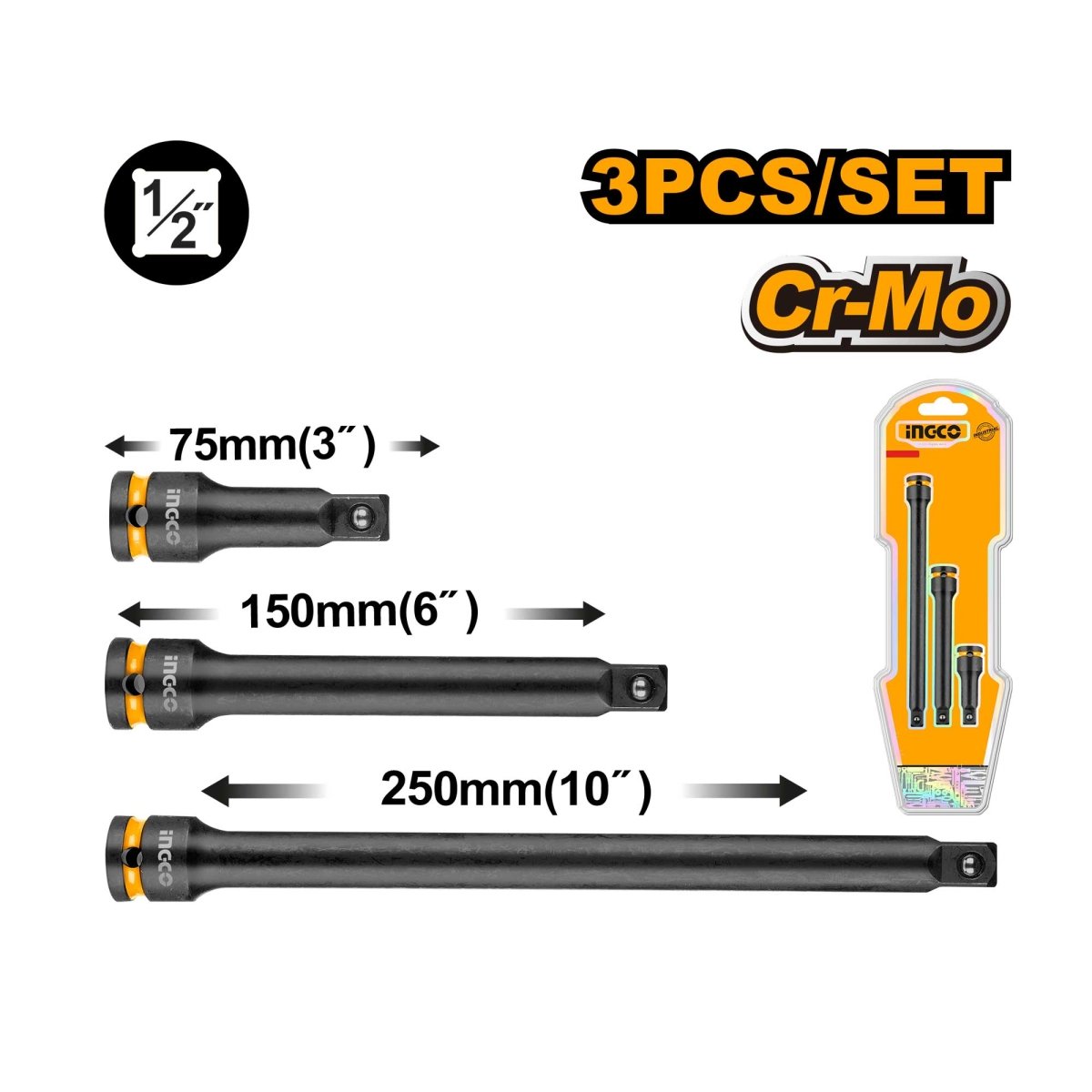 Set Extensiones Para Dados Impacto 3Pcs M1/2 Ingco Hkiseb12031 - MARKEMSTORE - Dados y accesorios