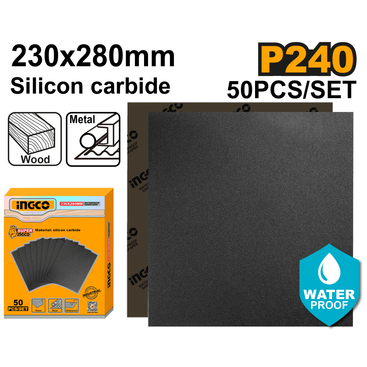 Set Lija De Agua 230mm X 280mm G240 X 50 Pcs Ingco Akhs024016 - MARKEMSTORE - Lijas de Agua