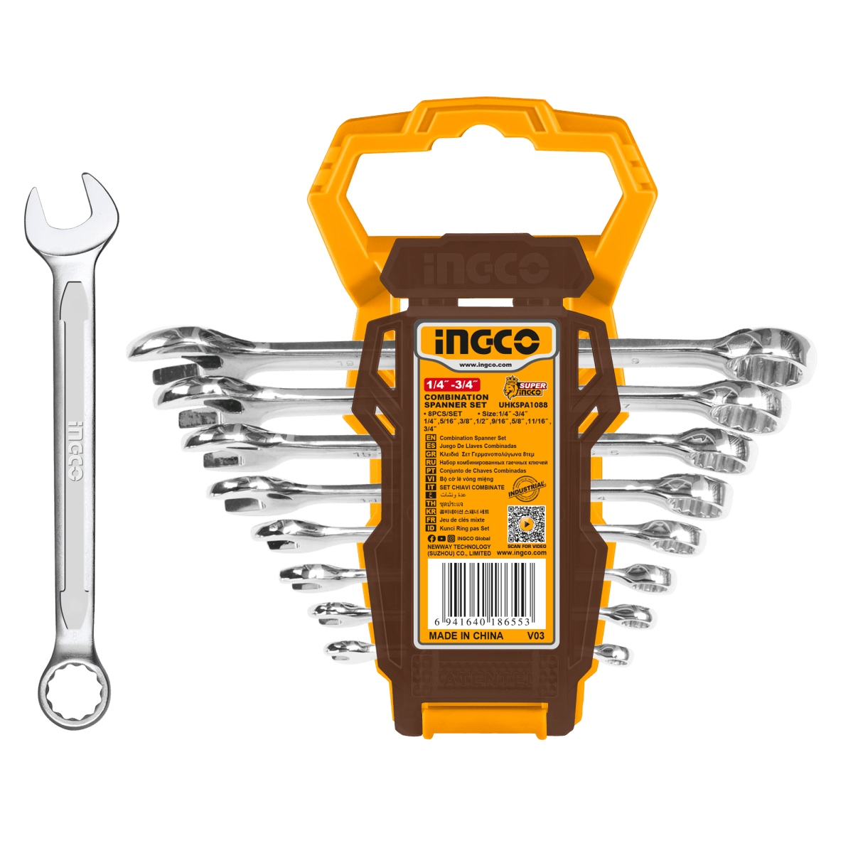 Set Llave Combinada Ind 8Pcs 1/4 - 3/4Pulg INGCO UHKSPA1088 - MARKEMSTORE - LLAVES Y JUEGOS