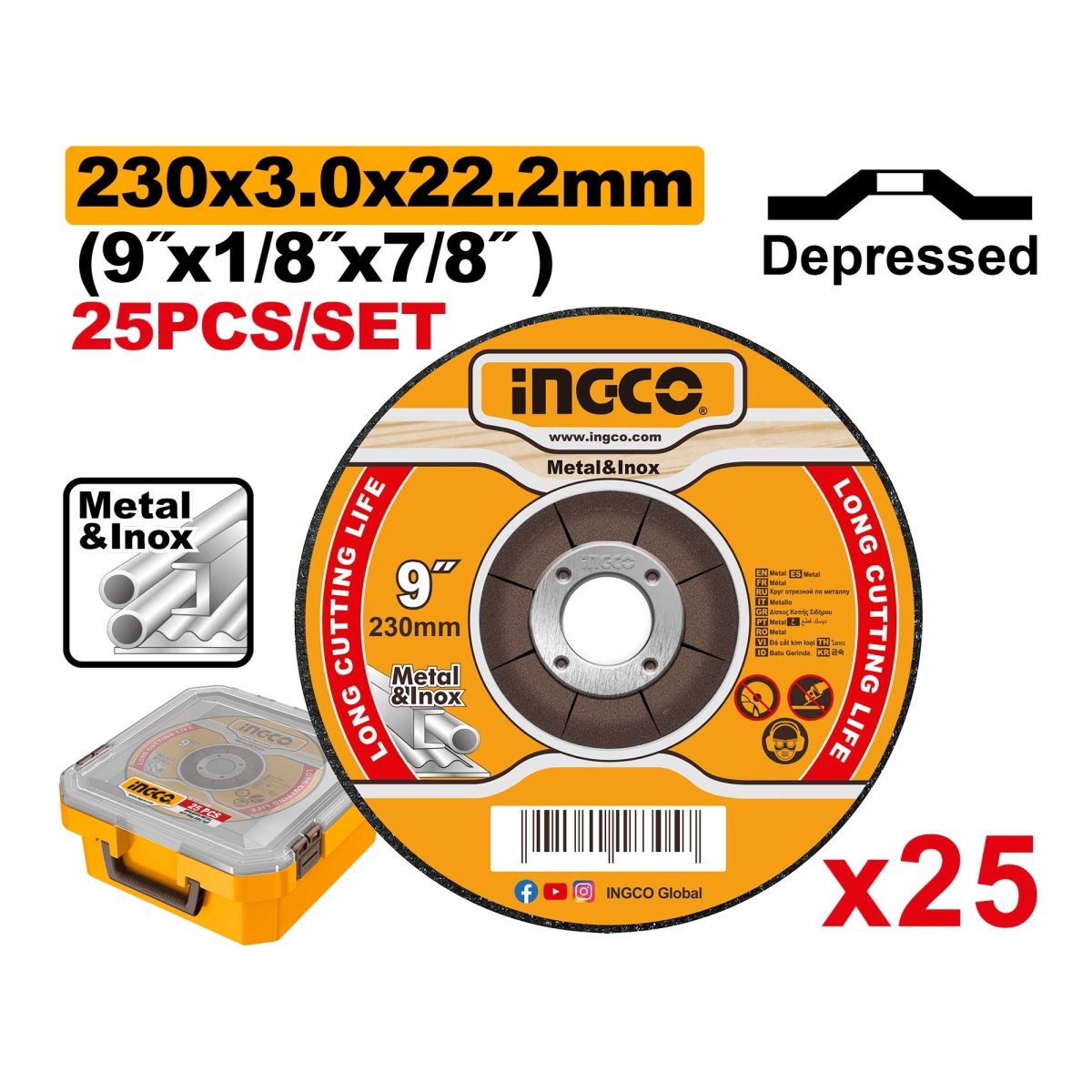 Set X 25 Discos De Corte Inox 9X1/8X7/8 Ingco MCD3023025 - MARKEMSTORE - Discos