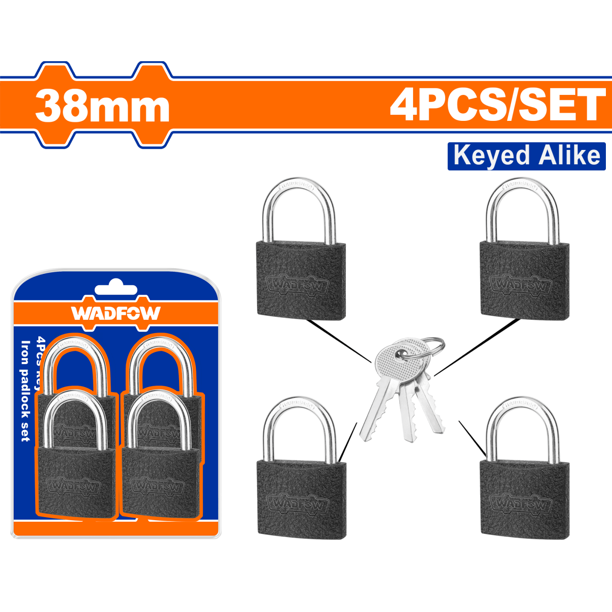 Set X 4 Candados Hierro 38Mm Misma Llave WADFOW WPD5444 - MARKEMSTORE - 