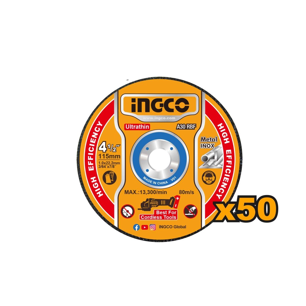 Set X 50 Discos De Corte Inox 4-1/2X3/64X7/8 Ingco Mcd1050115 - MARKEMSTORE - Discos