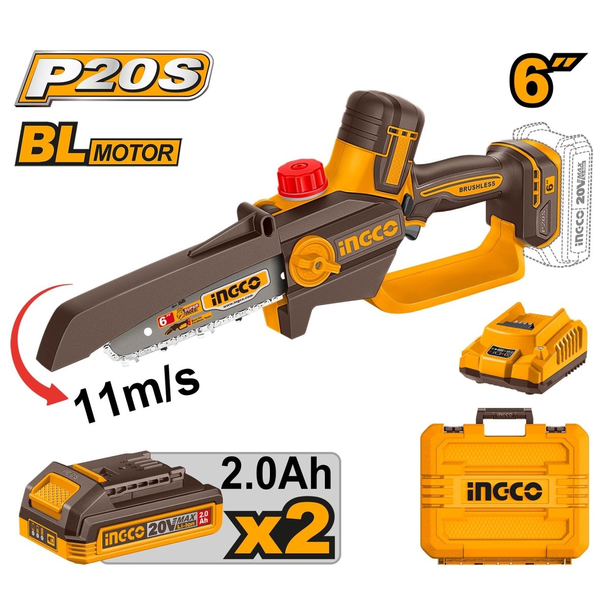 Sierra Podadora Inalámbrica INGCO 20V 6" Brushless 11m/s + 2 Baterías 2Ah y Accesorios UCGSLI20662 - MARKEMSTORE - 
