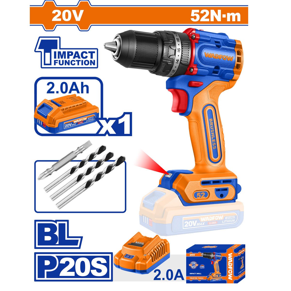 Taladro de Impacto Inalámbrico 1/2 20V 52NM WADFOW UWCDP5282 - MARKEMSTORE - Taladro