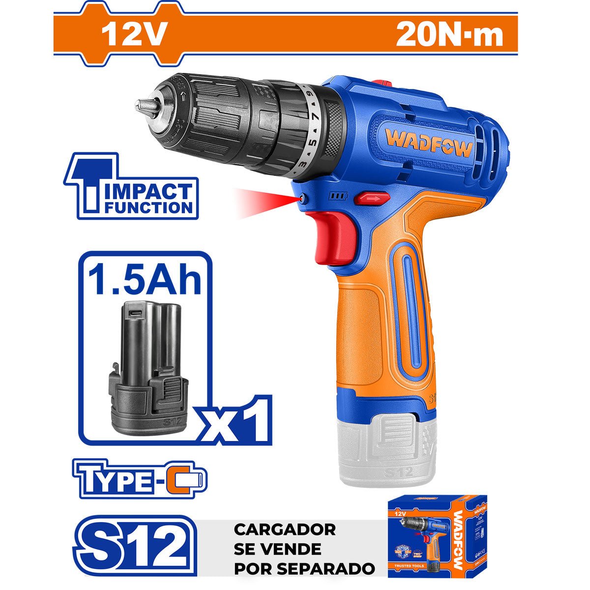 Taladro de Impacto Inalámbrico 3/8 12V 20NM WADFOW WCDS5681 - MARKEMSTORE - Taladro