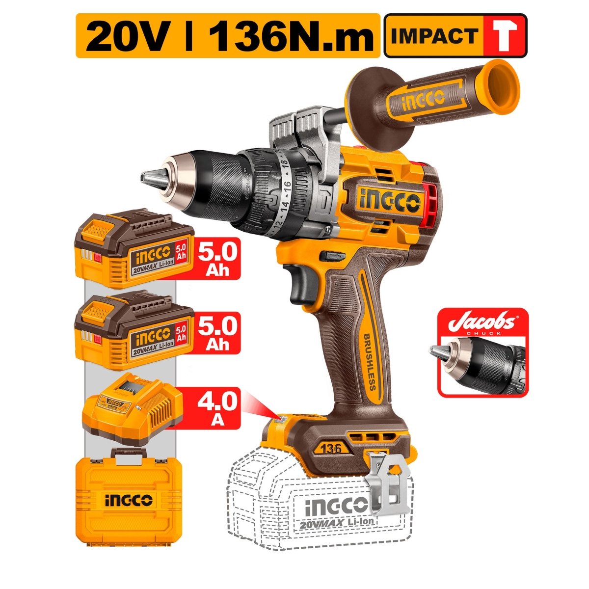 Taladro de Impacto Inalámbrico INGCO 1/2" 20V 136 Nm 2100 RPM UCIDLI201368 - MARKEMSTORE - Taladros