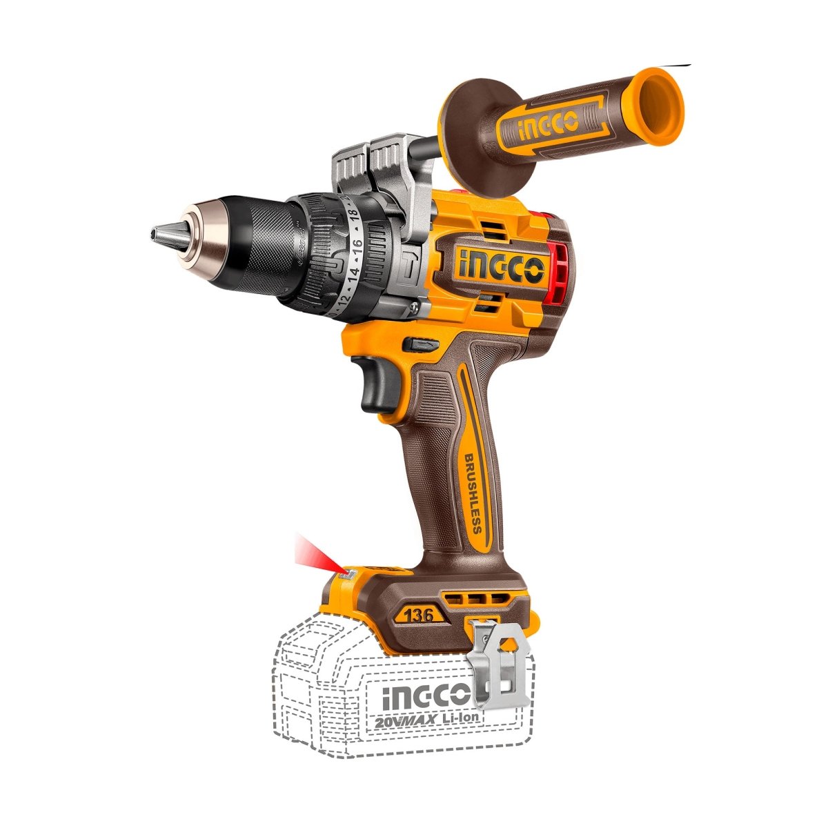 Taladro de Impacto Inalámbrico INGCO 1/2" 20V 136 Nm 2100 RPM UCIDLI201368 - MARKEMSTORE - Taladros
