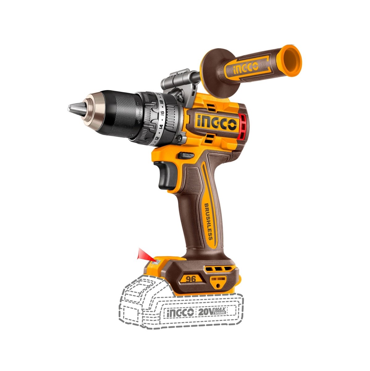 Taladro de Impacto Inalámbrico INGCO 1/2" 20V 96 Nm 2000 RPM UCIDLI209689 - MARKEMSTORE - Taladros