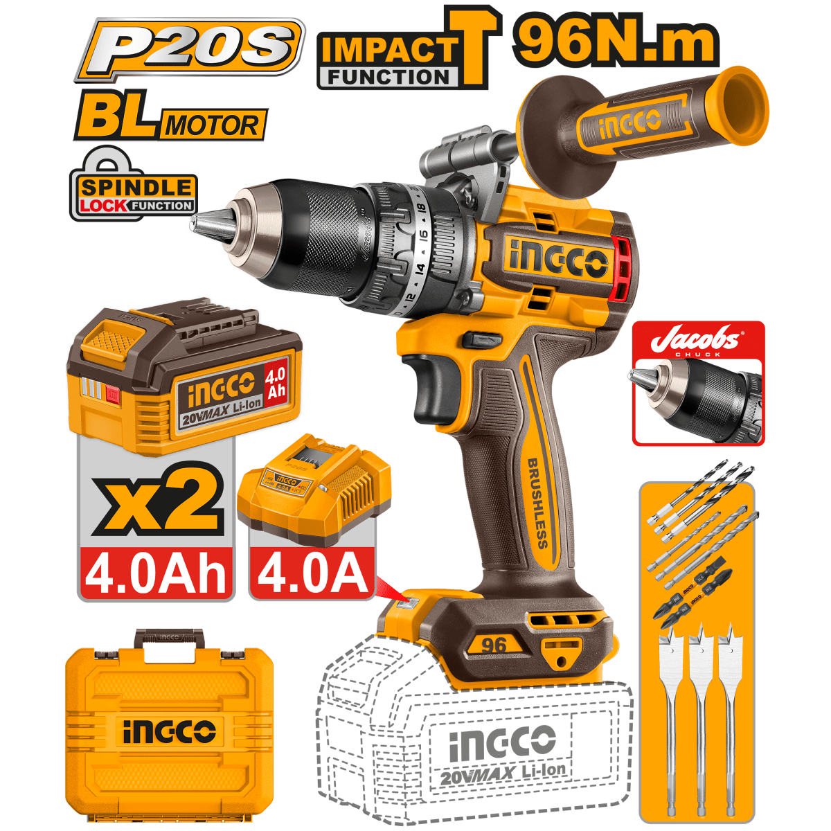 Taladro de Impacto INGCO 20V 96Nm Brushless + 2 Baterías INGCO UCIDLI209686 - MARKEMSTORE - Taladro
