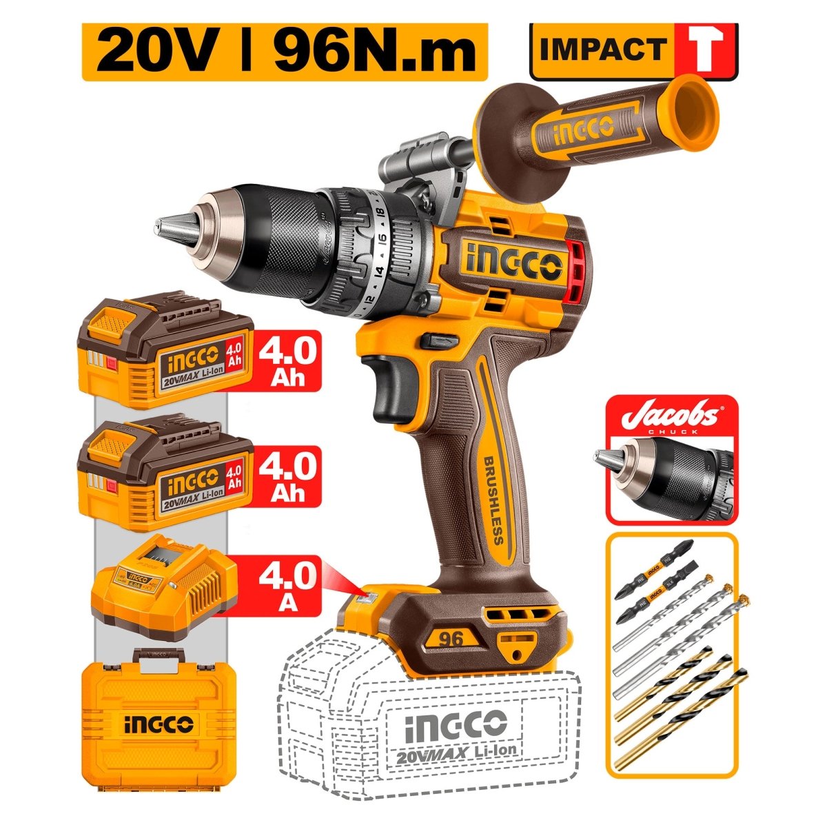 Taladro De Impacto M1/2 20V 96Nm 2100Rpm Brushless INGCO Ucidli209688 - MARKEMSTORE - Taladros