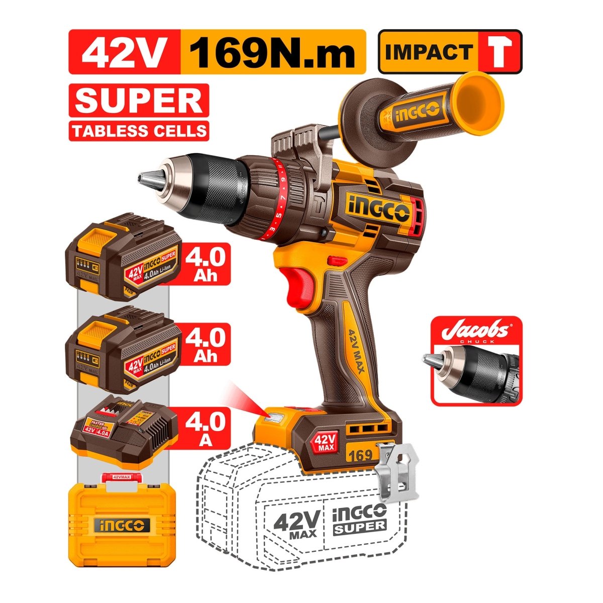 Taladro de Impacto M1/2 42V 169Nm 2300Rpm INGCO UCIDLI4216982 - MARKEMSTORE - Taladros