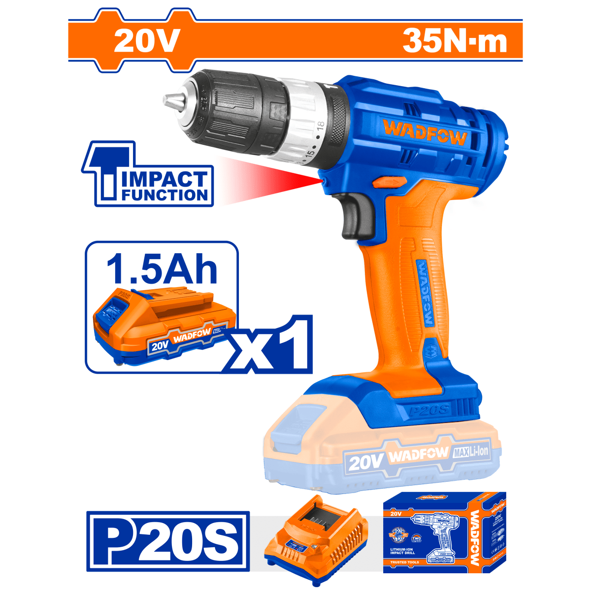 Taladro Impacto Inalámbrico 20V | Batería + Cargador | WADFOW UWCDP521 - MARKEMSTORE - Taladro