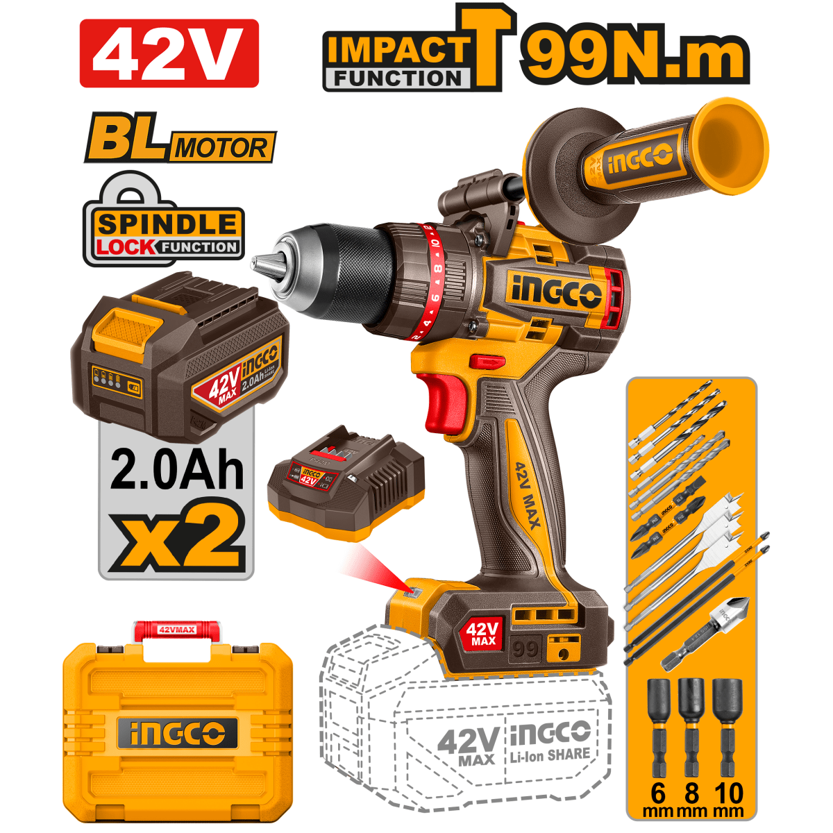 Taladro Impacto Inalámbrico 42V 99Nm + 2 Baterías Cargador INGCO UCIDLI429982 - MARKEMSTORE - Taladro