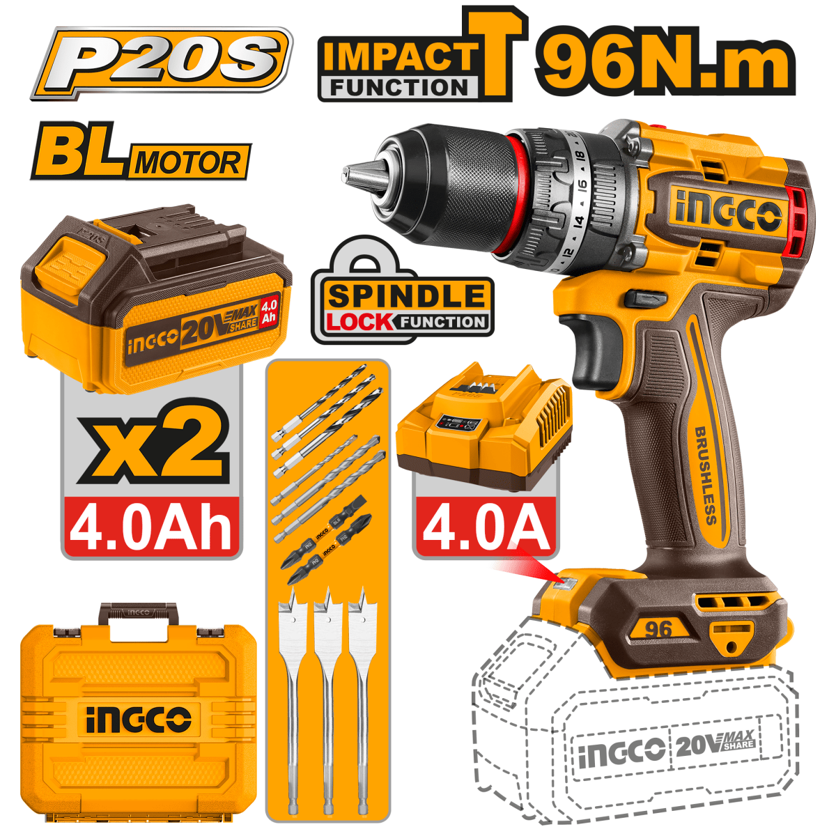 Taladro M1/2 20V 96nm 2.0ah Dos Baterias Cargador y Accesorios INGCO UCIDLI20968 - MARKEMSTORE - 