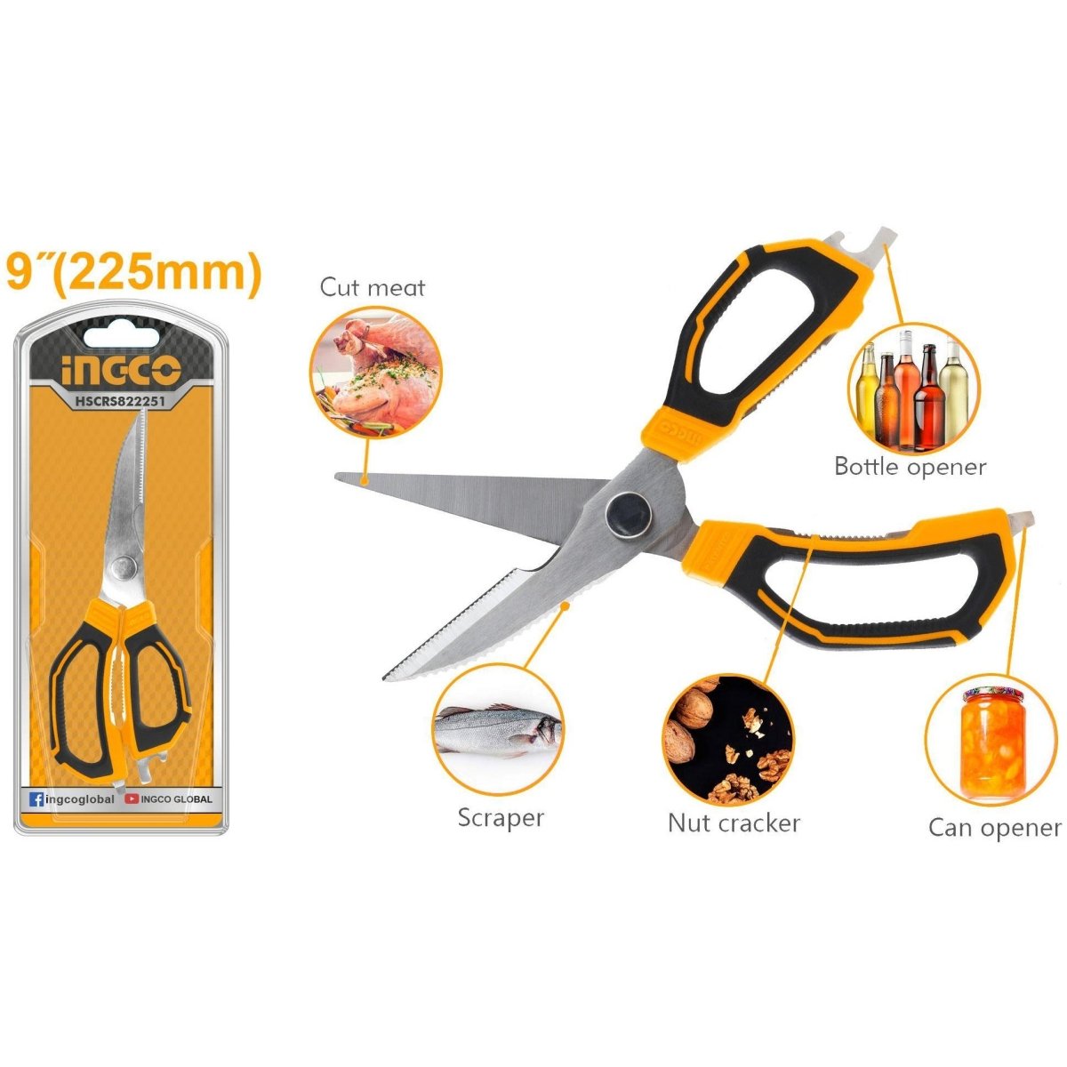 Tijera De Cocina Camping Multiuso 9" Ingco HSCRS822251 - MARKEMSTORE - 