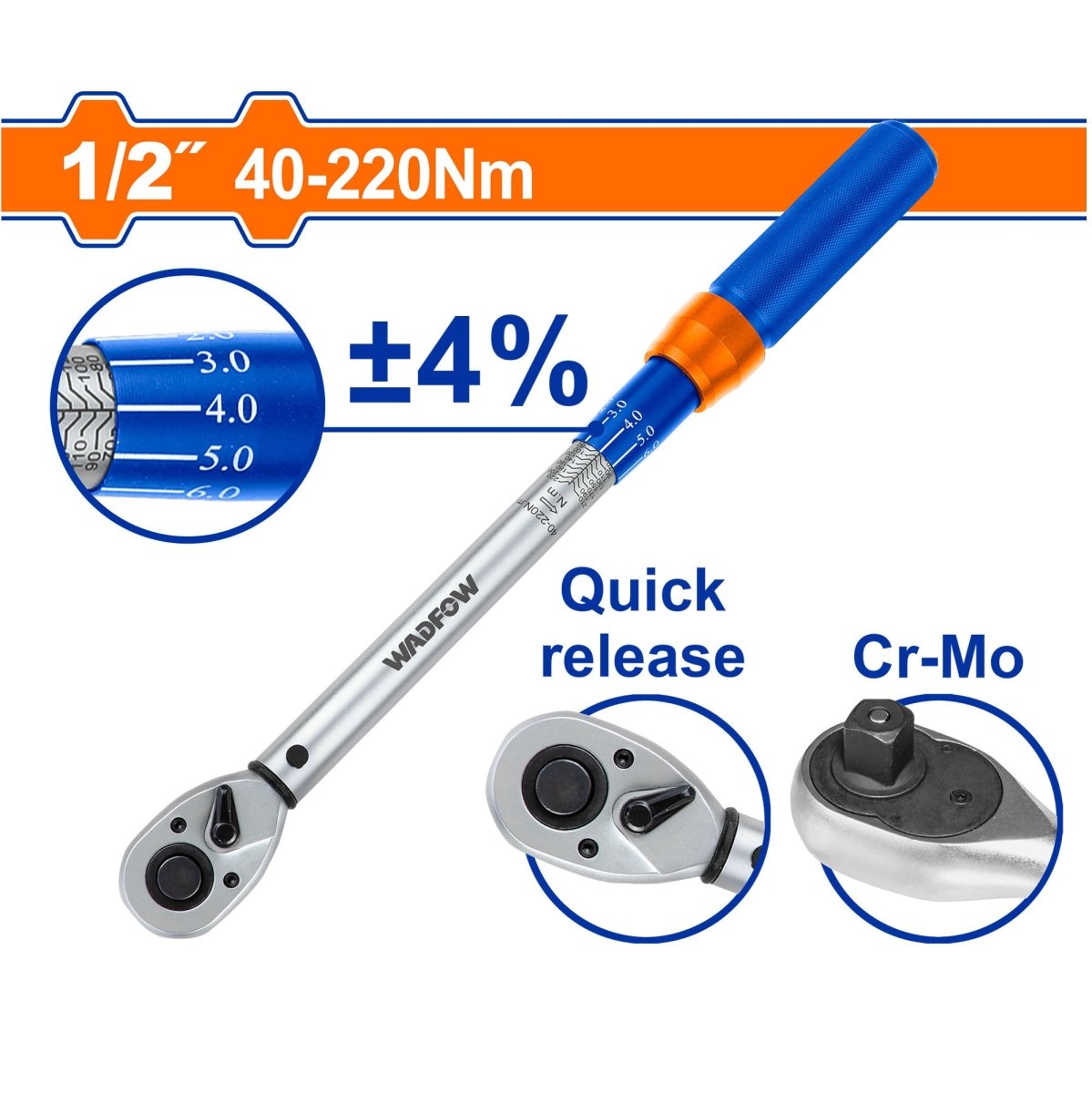 Torquimetro 1/2" WADFOW 505mm 40-220 Nm Liberación Rápida - MARKEMSTORE - Torquimetros