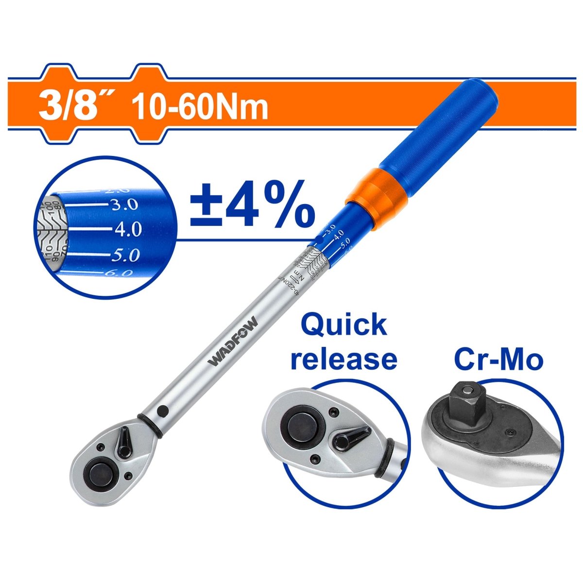 Torquímetro 3/8" WADFOW 295mm 10-60 N·m Liberación Rápida WWQ6D11 - MARKEMSTORE - Torquimetros